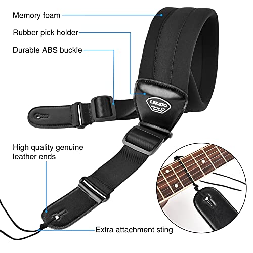 LEKATO Bass Guitar Strap - 3" Wide, Padded, Adjustable 50" to 61", Pick Holder & 2 Safety Strap Locks - color: Black, size: Long(50"-61")