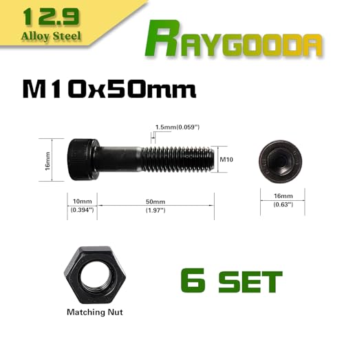 M10-1.5x50 Socket Head Cap Screw and Nut Kit 6set, Grade 12.9 Alloy Steel, Black Oxide Finish, Partially Thread, High Tensile Strength for Automotive, Machinery & Heavy Duty Use - size: M10x50mm(6 Sets）