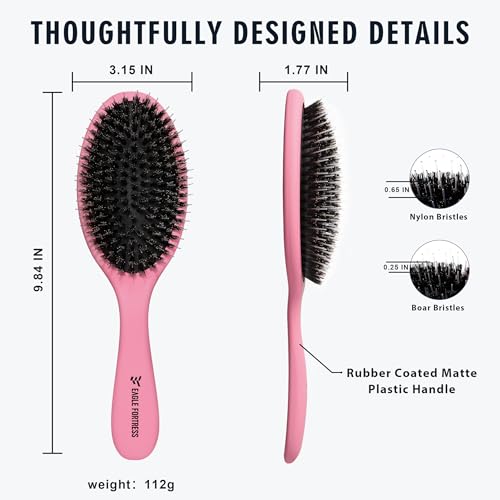 EAGLE FORTRESS Boar Bristle Hair Brush for Women, Men & Kids, Detangling Hair Brush with Polished Nylon Pins for Fine, Thin, Wet & Dry Hair, Hair Extensions, Smooth & Shine – Rose - color: Rose