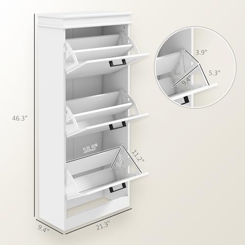 HOMCOM Shoe Storage Cabinet with 3 Flip Drawers, Narrow Shoe Cabinet, White | Freestanding, Adjustable Shelves, Slim Hidden Rack Organizer, Entryway, Hallway