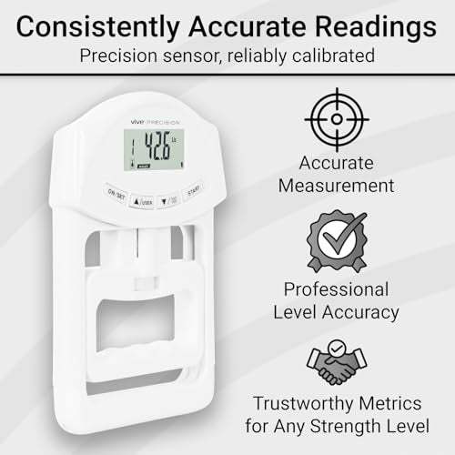 Vive Precision Grip Strength Tester - Hand Grip Dynamometer - Handheld | Digital Grip Measurement Meter Device Trainer Power 198 Lbs / 90 Kgs - Strengthener Exerciser for Sports, School and Home Use