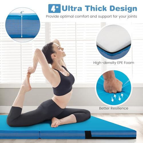 Goplus 4" Thick Folding Gymnastic Mat, Thickened Bi-Fold Fitness Mat with Carrying Handles & PU Leather Cover, Home Gym Tumbling Mat for Stretching, Pilates, Aerobics Workouts - color: Blue