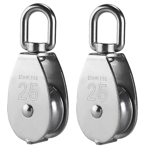 2Pcs M25 Single Pulley Block 304 Stainless Steel Swivel Cable Pulleys Wheel for Lifting/Hanging Pulley System, Heavy Duty Rope Single Wheel Kit, Max-Load 150kg/330lbs