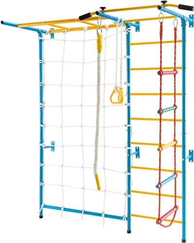 HONEY JOY Climbing Toys for Toddlers, Upgrade Metal Indoor Kids Gym for Solid Wall, Playground and Climbing Exercise Set with Rope Ladder, Pull-up Bar, Monkey Bars, Gymnastic Rings (7 in 1) - size: 7 In 1