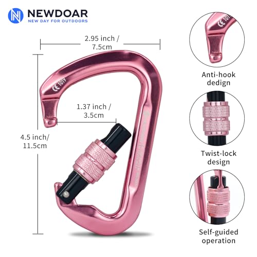 NewDoar CE Certified 30kN-6744lbs Climbing Carabiner Professional, Heavy Duty D Screwgate Clip, for Climbing,Rappelling,Hunting, Rescue - color: Screwgate/Pink/5pcs
