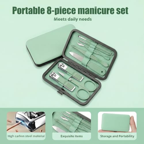Manicure Kit for Women Men-Manicure Set with Case, Nail Clippers, Portable Nail Care Kit for Travel Home Personal Grooming（Green 8 in 1） - color: Green1