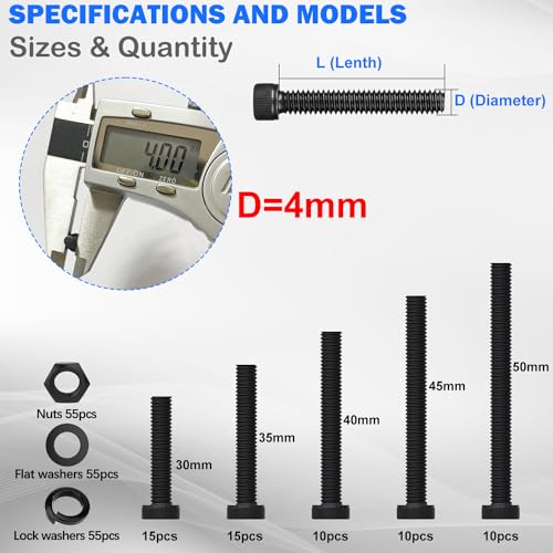 mxuteuk 220PCS M4 Screws Assortment Set,M4 x 30/35/40/45/50mm Hex Socket Head Cap Screws Bolts Nuts Kit,12.9 Grade Alloy Steel M4 Bolts with Hex Wrench - size: 220PCS M4 x 30/35/40/45/50mm, style: Hex Socket Head