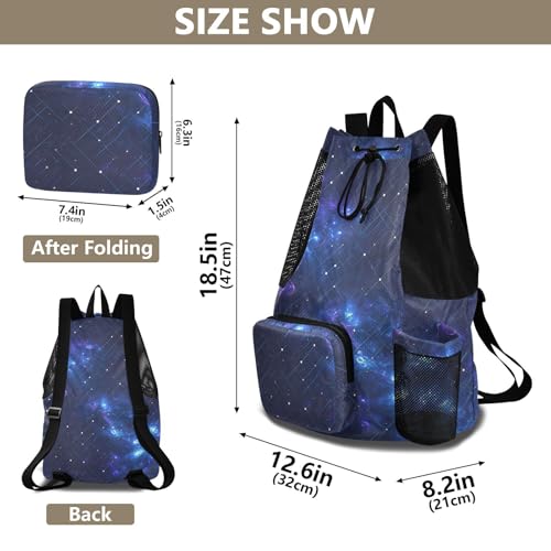 Drawstring Climbing Gym Bag With Pockets Drawstring Backpack with Wet Dry Compartments Blue Purple Galaxy