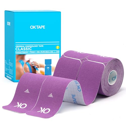 OK TAPE Precut Elastic Kinesiology Tape, 20 Strips, 2inch x 16ft, 2 Rolls | Sensitive Skin Friendly Latex Free Hypoallergenic Athletic Tape Roll for Muscle Joint Knee Waterproof Purple - color: Purple, size: 2 Rolls