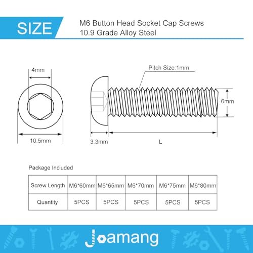 M6 x 60mm 65mm 70mm 75mm 80mm Button Head Socket Cap Screws Bolts, 10.9 Grade Alloy Steel, Black Oxide Finish, Metric Allen Hex Drive, Fully Threaded, Assortment Kit 25Pcs - size: Button M6x60-80mm