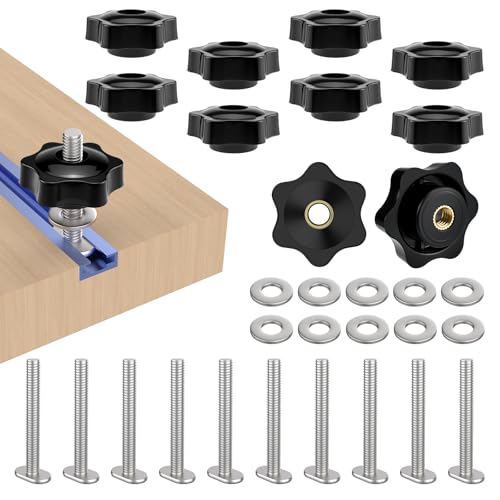 10 Packs 1/4-20 T Track Knob Kit | T-Track Accessory Includes 2" Hex Thread Knob Nuts with Washers and Star Knobs for Woodworking Jigs and Fixtures - size: Medium