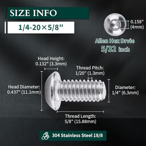 1/4-20 x 5/8" Button Head Socket Cap Bolts Screws, 304 Stainless Steel 18-8, Allen Hex Drive, Bright Finish, Fully Machine Thread, Pack of 25 - size: 1/4-20 x 5/8