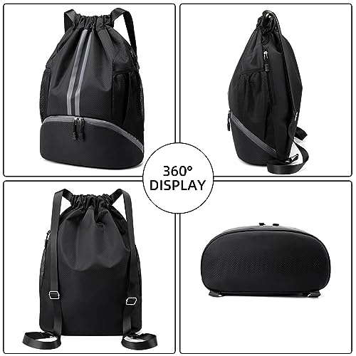 Valleycomfy Sports Drawstring Backpack - Water Resistant String Bag Grey | with Side Mesh Pockets Shoe Compartment Gym Backpack for Women & Men - color: A-grey