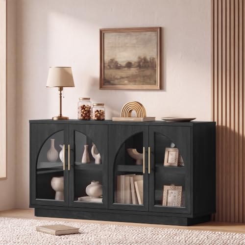 Fatmok 59" Buffet Cabinet with Glass Doors, Modern Arched Sideboard with Large Storage and Adjustable Shelves, Accent Console Credenza for Dining Room, Living Room, Entryway, Black Grey - color: B-black Grey