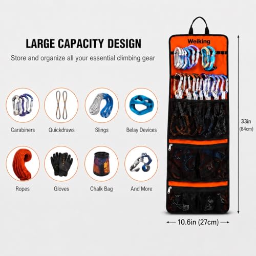 Climbing Quickdraw Hanging Storage Bag, Carabiner Hook Gear Equipment Parts Collections, Durable Foldable Bundled Roll Anti-scratch Bag, Small Tools Organizer Pouch, suit for Rock Climbing Ice Climb