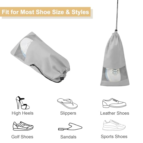 4 Pcs Single Shoe Bags for Travel, Drawstring Shoe Bags with Clear Window | 9.1"x17.7" Fits Most Shoes, Dust Resistant, Washable & Reusable, Travel Shoe Storage Bags for Men & Women - color: Grey