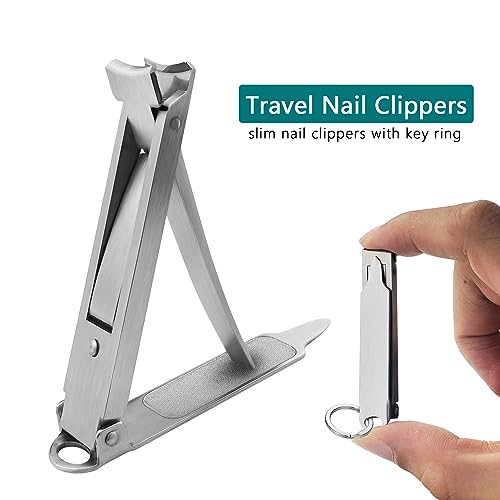 Ultra Thin Portable Fingernail Clipper Small Pocket Folding Nail Clippers, Wide Jaw Cutter with Keychain Curved Trimmer, Flip Open Brushed Finish (Small-Brushed) - size: Small