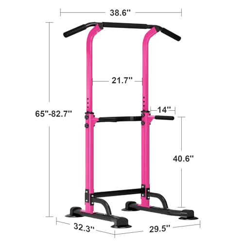 SogesHome Multi-Function Power Tower Pull Up Bar Dip Station for Home Gym | Height Adjustable PullUp Dip Stand, Full Body Strength Training Equipment, Fitness Workout for Push Ups Dips, 330LB Capacity - color: Pink