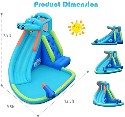 OLAKIDS Inflatable Water Slide, Hippo Themed Bounce House Water Park with Slide Splash Pool Climbing Wall Water Gun, Outdoor Inflatable Obstacle Course Jumping Castle for Kids Backyard with Blower - style: with 680W Blower