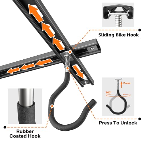 TORACK Ceiling Bike Rack for Garage, Ceiling-Mounted Bicycle Storage Hooks for 4 Bikes (Horizontal) or 8 Bikes (Vertical), Adjustable Overhead Bicycle Hooks for Mountain, Road, and Kids' Bike - style: 4 bikes horizontal