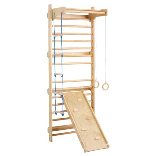 VEVOR Swedish Wall Gym, 15-Level 5 in 1 Wooden Indoor Jungle Gym, 220 lbs Load Capacity Playground Climbing Toys with Pull-Up Bar, Gymnastic Rings, Wall Ladder, Rope Ladder, and Slide Board - style: 15-Level 5 in 1