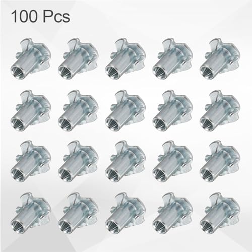 HARFINGTON M6x16mm T-Nuts 4 Pronged Tee Nut 0.69" x 0.63" Fully Thread Carbon Steel Inserts for Wood, Rock Climbing Holds, Cabinetry, Furniture 100pcs - size: M6x16mm, 17.5mm