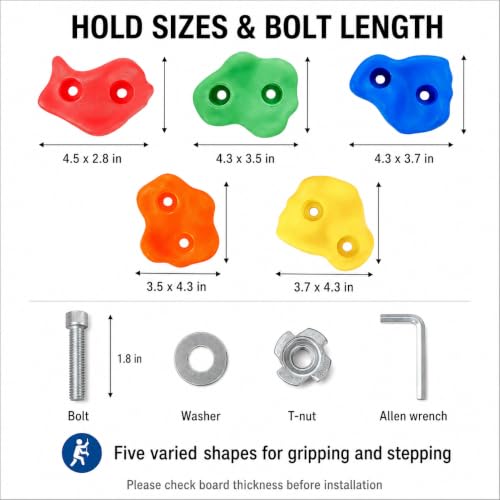 Rock Climbing Holds, Colorful Textured Wall Rocks with Hardware | Textured climbing rocks with bolts and washers for compatible wood playsets, indoor walls, backyard walls, and route setups