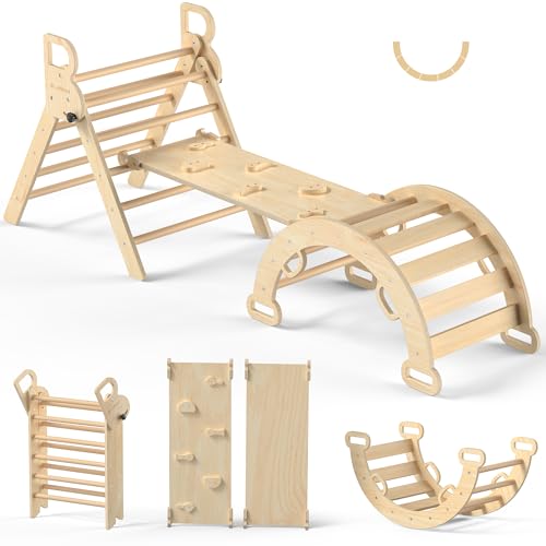 BlueWood Pikler Triangle Set, Toddler Climbing Toys Indoor 7in1 Foldable | Wooden Climber for Kids, Montessori Philosophy Play Jungle Gym with Arch, Ramp, Ladder (Natural) - color: Natural