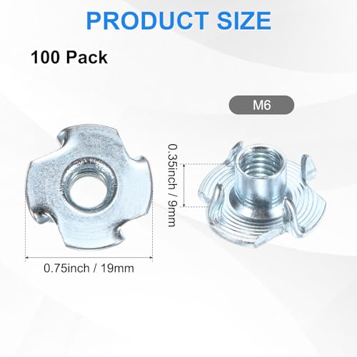 M METERXITY 100-Pack M6x9mm T-nut, 4-Pronged Tee Nut Threaded Insert | Carbon Steel, for Wood, Rock Climbing Holds, Furniture, Corrosion Resistant Fasteners - size: M6x9mm