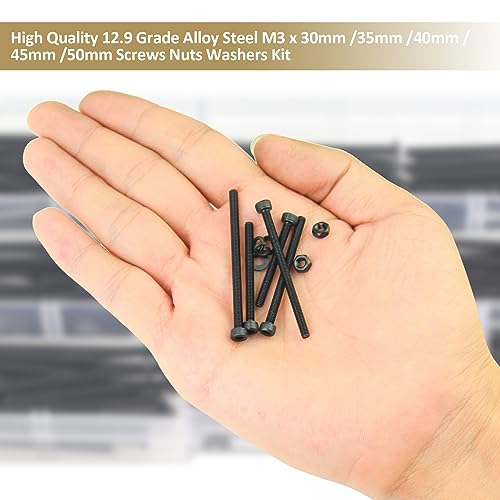 402 Pieces Black M3 x 30/35 /40/45 /50 mm Hex Socket Head Cap Screws Nuts Washers Assortment Kit, 12.9 Grade Alloy Steel - size: M3 x 30/35/40/45/50mm, style: Socket Head