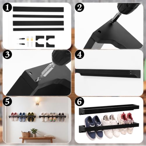 Wenqik 2 Pcs Wall Mounted Wooden Shoe Rack 30 Inch Rustic Wood Wall Hanging Shoe Rack Space Saving Footwear Holder Shoes Storage Organizer for Mudroom, Entryway, Closet (Black) - color: Black