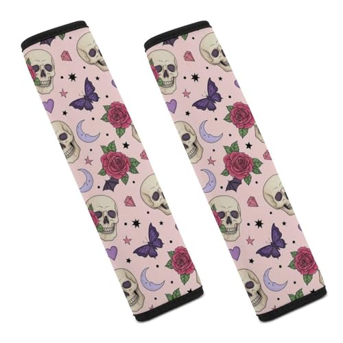 1 Pair Universal Soft and Comfortable Car Seat Belt Pad for Girls and Boys, Most Cars, Gothic Pink Skull Skeleton Rose Bat Harness Pads Strap, Neck and Shoulder Support - color: Pattern 467