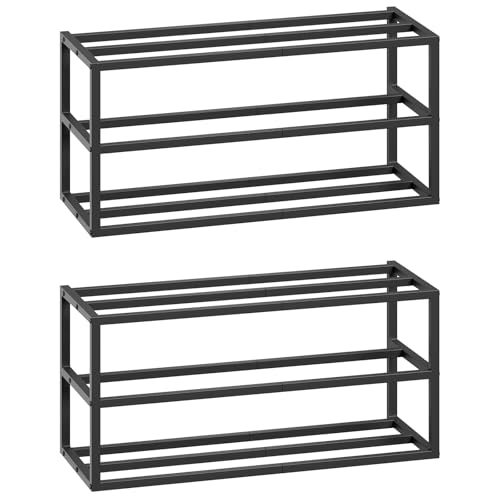 HOOBRO Wall Mounted Shoe Rack, 2-Pack Hanging Metal Shoe Storage Organizer, 3-Tier Vertical Shoe Holder, Metal Shoe Shelf for 18-24 Pairs, Entryway, Hallway, Closet, Black BK33XJP201