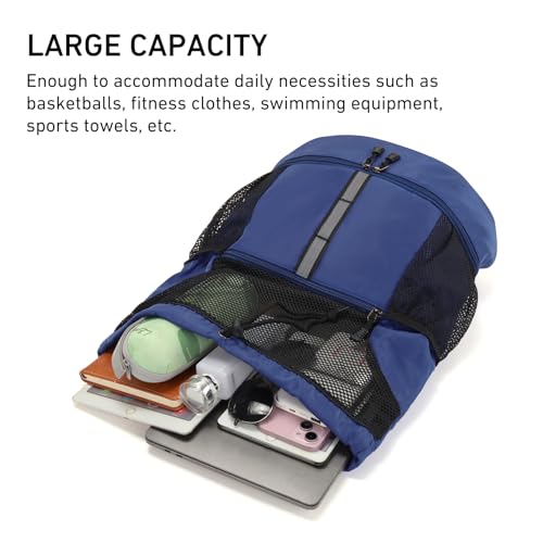 Valleycomfy Drawstring Gym Bag Sports Backpack With Shoe Compartment | Reflective Strips Top Handle Dark Blue - color: Dark Blue