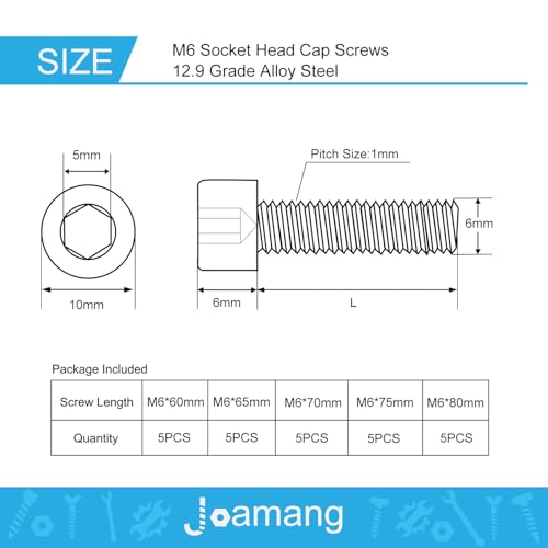 M6 x 60mm 65mm 70mm 75mm 80mm Hex Socket Head Cap Screws Bolts, 12.9 Grade Alloy Steel, Black Oxide Finish, Metric Allen Drive, Fully Threaded, Assortment Kit 25Pcs - size: Socket M6x60-80mm