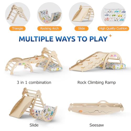 Pikler Triangle Set with Cushion 9 in 1 Foldable Montessori Climbing Toys for Toddlers 1-3 Indoor Wooden Kids Playground Baby Climbing with Maze Toys, Shape Sorter Toys, Car