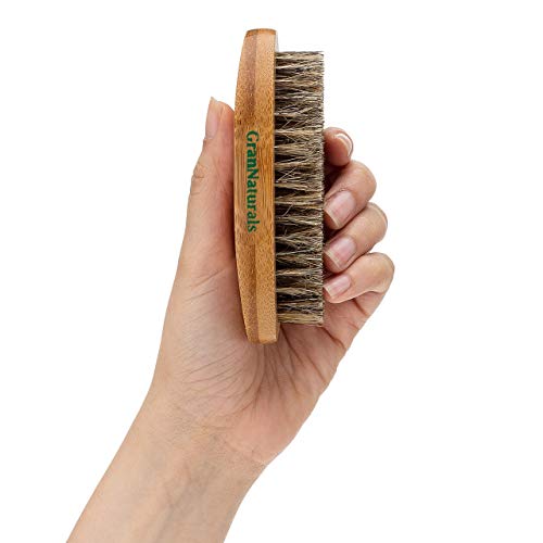 GranNaturals Military Style Boar Bristle Hair Brush for Men and Boys - Palm Size Hairbrush and Beard Brush for Grooming Thin, Fine, Facial and Short Hair - Soft Bristle Slick Back & Smoothing