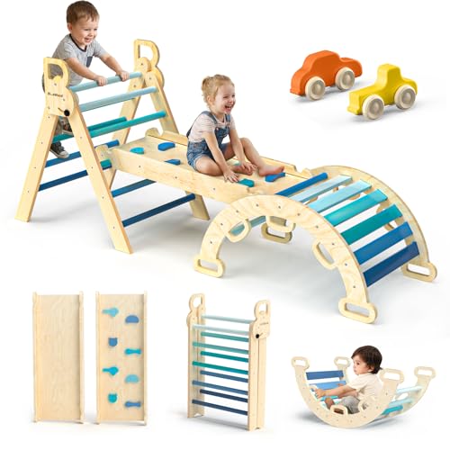 BlueWood Pikler Triangle Set with Safe Handle, Climbing Toys for 1-3 Year | Foldable 7-in-1 Montessori Toddler Climbing Toys Indoor, Wooden Pickler Climbing Set, Baby Jungle Gym & Playground, Sky Blue - color: Sky Blue