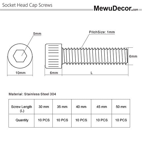 50 PCS M6 x 30/35/40/45/50mm Socket Head Cap Screw Assortment Set, Stainless Steel 304, Bright Finish - size: Assortment 30mm to 50mm
