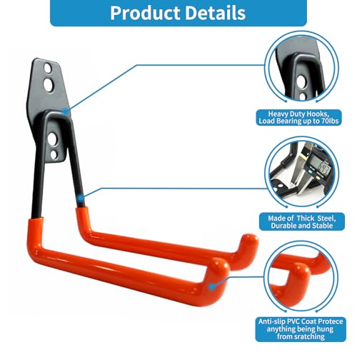 GeeWatom Garage Storage Utility Hooks，Garage Garden Tool Organizer，Steel Wall Mount Hooks, Large Garden U Hooks （2 Pack） - color: Orange