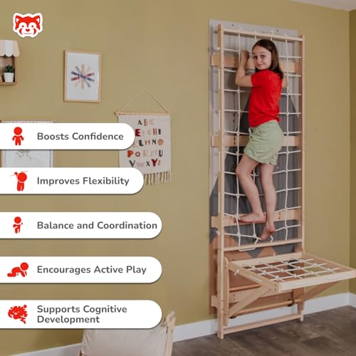 Wood And Hearts Indoor Rope Climbing Wall for Kids Active Play - Wooden Rope Wall with Sit-Up Bar & Decorative Panels for Playroom (Climbing Module 3, Sit-Up Bar) - size: Climbing Module 3