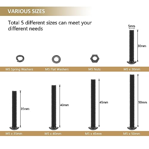 202 Pieces Black M5 x 30/35 /40/45 /50 mm Button Head Socket Cap Screws Nuts Washers Assortment Kit, 10.9 Grade Alloy Steel - size: M5 x 30/35/40/45/50mm, style: Button Head