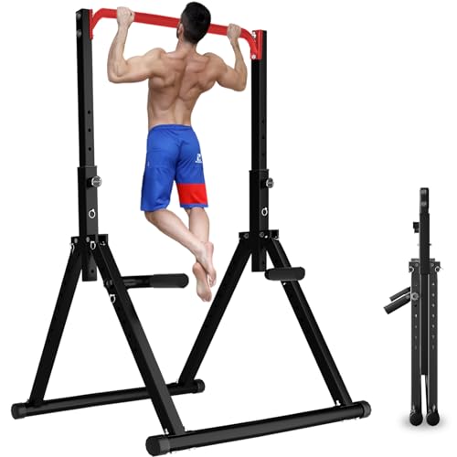 DOBESTS Power Tower Pull Up Bar Free Standing, Foldable Pull Up Station - color: Black Style 3-Red Bar