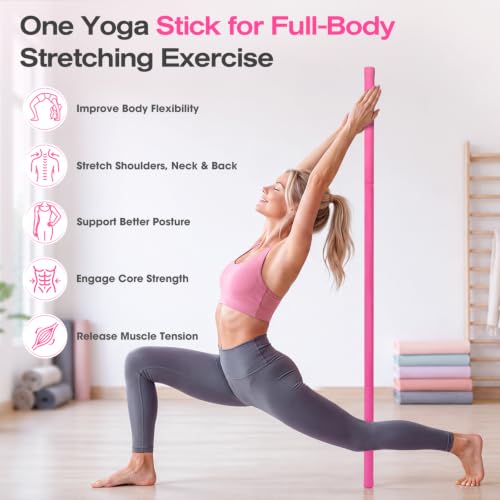 Yoga Stick, 58 Inch Mobility Stick with 3 Adjustable Lengths. Threaded Stable Alloy Steel Exercise Equipment for Stretching, Fitness, Posture Correction & Therapy - For Women & Kids at Home