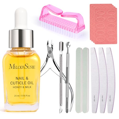 MelodySusie 14PCS Manicure Tools Kit Nail Care Set | Nail File,Cuticle Trimmer and Pusher,Mini Sandpaper,Nail Brush and Cuticle Oil 25ML - size: 14Pcs Milk & Honey