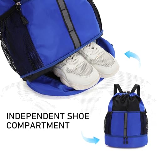 Valleycomfy Drawstring Gym Bag Sports Backpack With Shoe Compartment Blue | Reflective Strips Top Handle - color: Royal Blue