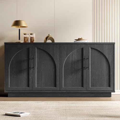 Fatmok Buffet Cabinet with Storage, 59'' Modern Arched Sideboard Cabinet w/Adjustable Shelves, Wood Media TV Console Table Credenza for Living Room Hallway Entryway, Black Grey - color: A-black Grey