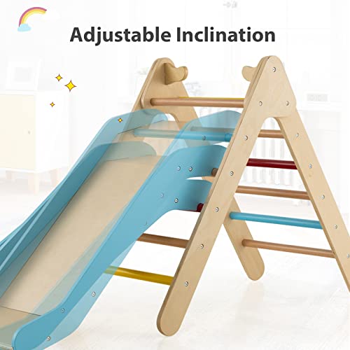 OLAKIDS Pikler Triangle Set 2 in 1 Climbing Toys for Toddlers Foldable Wood Montessori Baby Jungle Gym with Ladder Ramp Slide Kids Indoor Playground Activity Play Structure - color: Rainbow