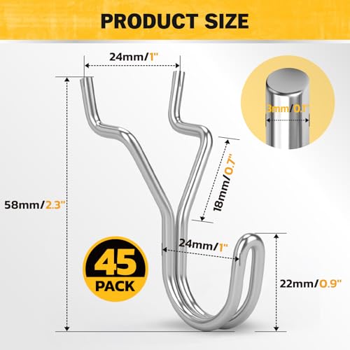 ELEAD 45-Piece Pegboard Hooks J-Hook, Silver J Hooks for Pegboard, Fits 1/8” & 3/16” Pegboards, Heavy Duty Peg Board Hooks for Hanging Keys, Retail Items & Small Tools - style: Silver J Hooks