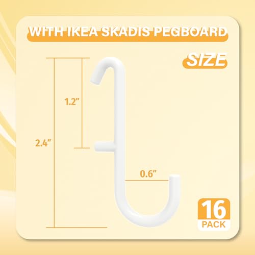 White Pegboard S Hooks for IKEA SKADIS, 16 Pack | Compatible with IKEA SKADIS Pegboard, Rust Resistant Steel Hooks, 18 lb Load Capacity for Kitchen, Office, Craft - style: White S Hook